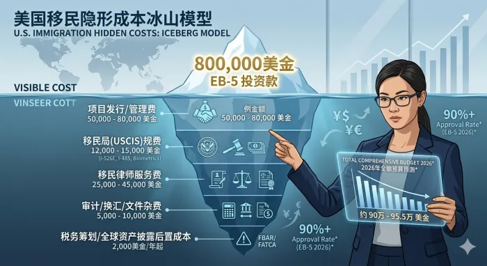 2026年美国移民费用隐形成本冰山模型图：除了80万美金投资款，你还需要准备多少钱？